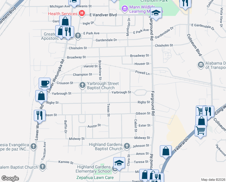 map of restaurants, bars, coffee shops, grocery stores, and more near 3329 Texas Street in Montgomery