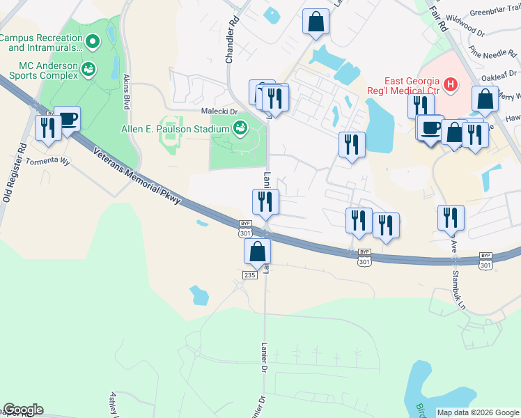 map of restaurants, bars, coffee shops, grocery stores, and more near 214 Lanier Drive in Statesboro