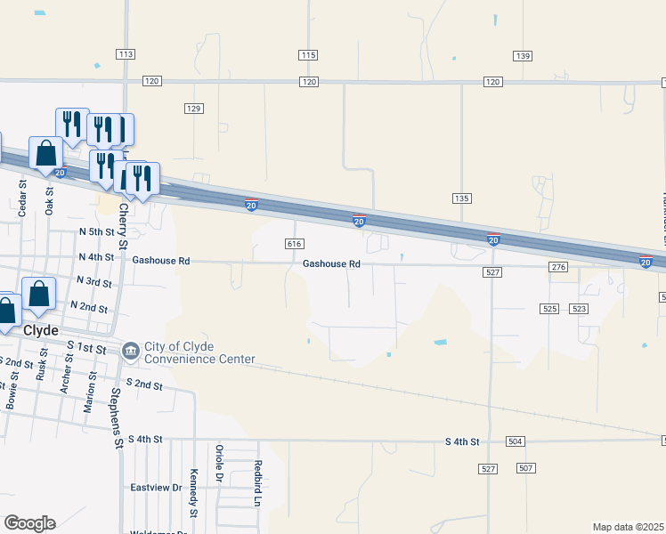 map of restaurants, bars, coffee shops, grocery stores, and more near 1502 Gashouse Road in Clyde