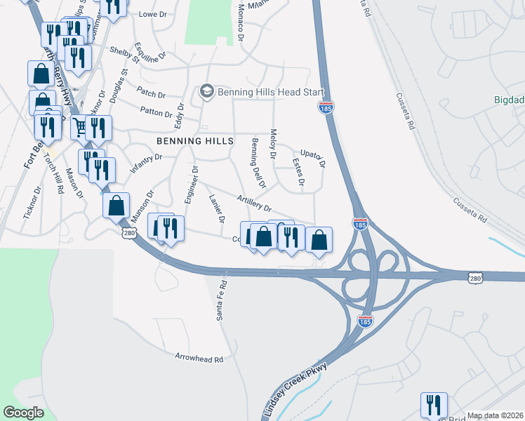 map of restaurants, bars, coffee shops, grocery stores, and more near 30 Artillery Drive in Columbus