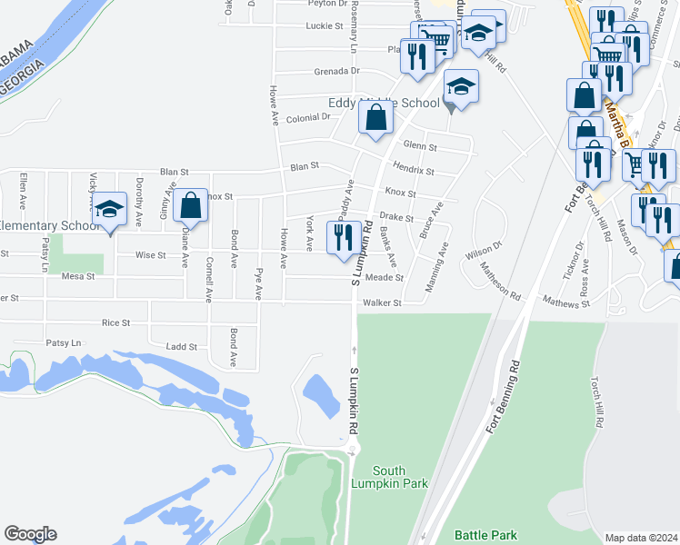 map of restaurants, bars, coffee shops, grocery stores, and more near 3063 Meade Street in Columbus