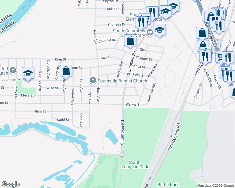 map of restaurants, bars, coffee shops, grocery stores, and more near 2401 South Lumpkin Road in Columbus