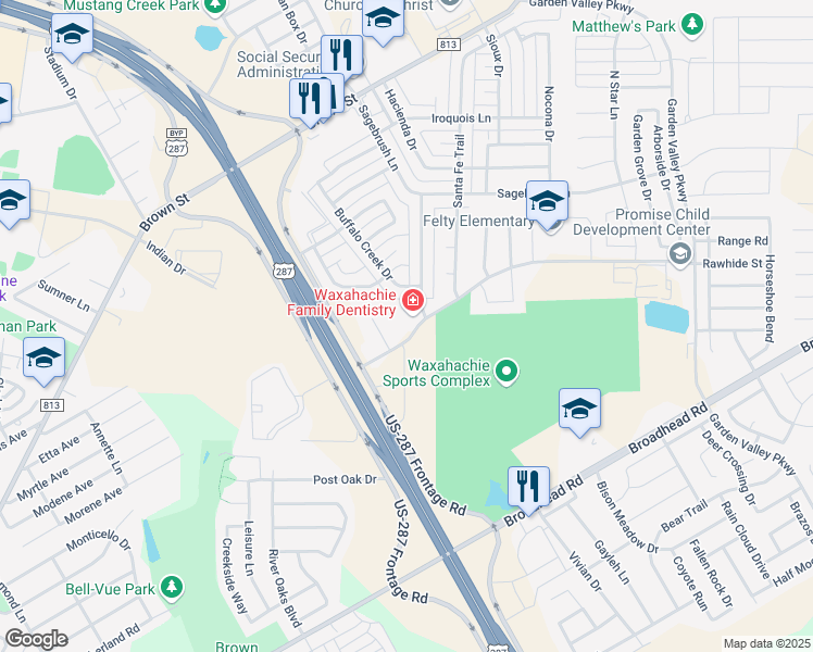 map of restaurants, bars, coffee shops, grocery stores, and more near 130 Chieftain Drive in Waxahachie