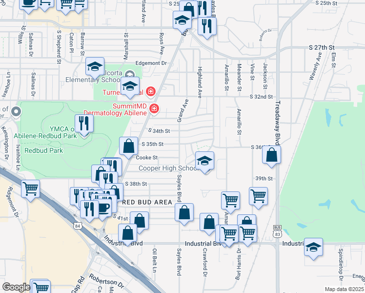 map of restaurants, bars, coffee shops, grocery stores, and more near 3501 Grand Avenue in Abilene