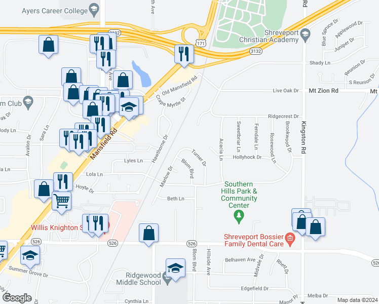 map of restaurants, bars, coffee shops, grocery stores, and more near 8940 Turner Drive in Shreveport