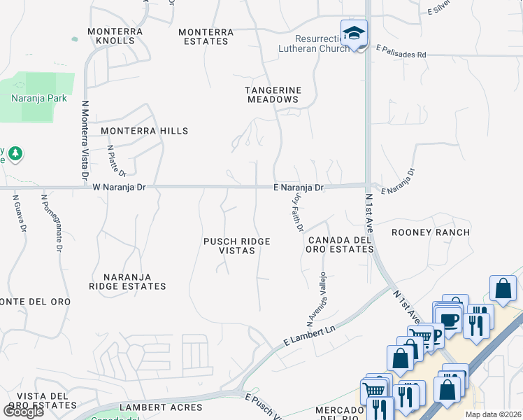 map of restaurants, bars, coffee shops, grocery stores, and more near 11135 Joy Faith Drive in Oro Valley