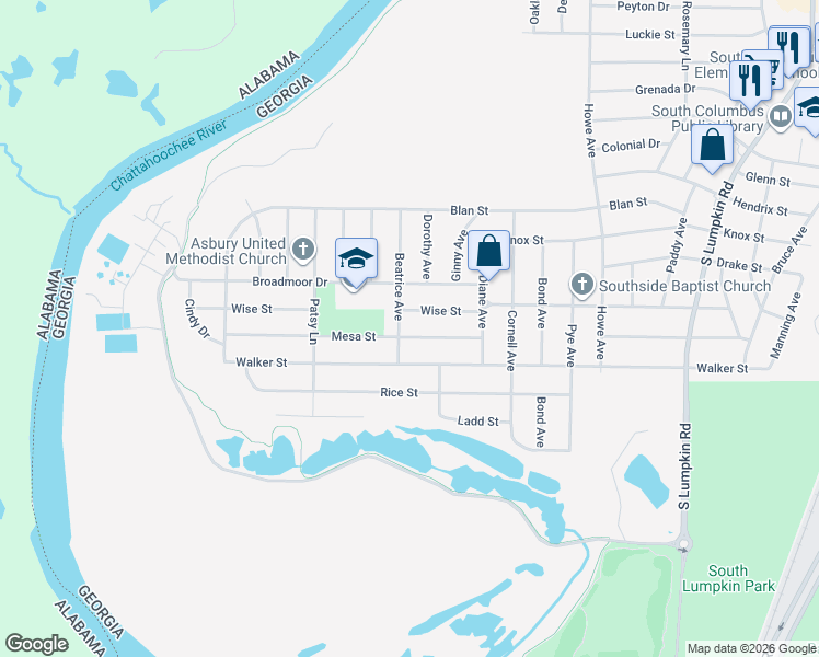 map of restaurants, bars, coffee shops, grocery stores, and more near 2614 Wise Street in Columbus