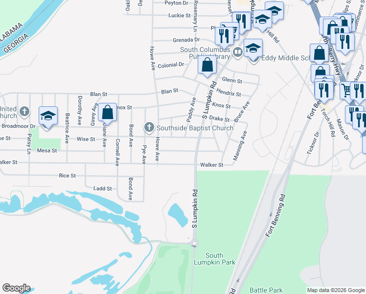 map of restaurants, bars, coffee shops, grocery stores, and more near 3040 Wise Street in Columbus