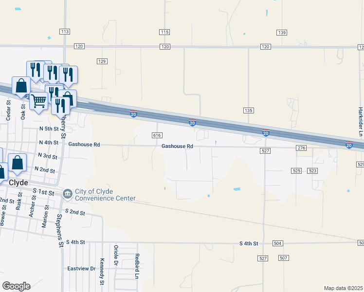 map of restaurants, bars, coffee shops, grocery stores, and more near 1502 Gashouse Road in Clyde