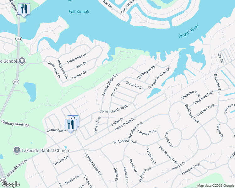 map of restaurants, bars, coffee shops, grocery stores, and more near 3603 Raintree Trail in Granbury