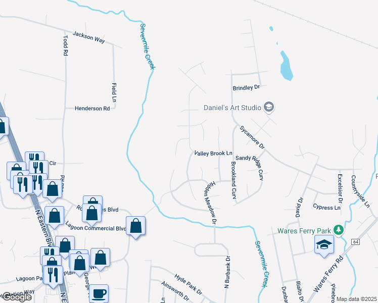 map of restaurants, bars, coffee shops, grocery stores, and more near 5742 Valley Brook Lane in Montgomery