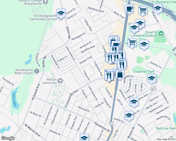 map of restaurants, bars, coffee shops, grocery stores, and more near 706 Purdue Drive in Waxahachie