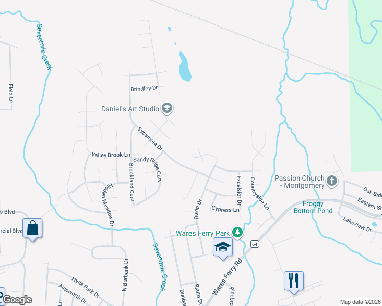 map of restaurants, bars, coffee shops, grocery stores, and more near 6409 Deerwood Place in Montgomery