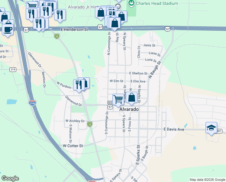 map of restaurants, bars, coffee shops, grocery stores, and more near 200 West Purdom in Alvarado