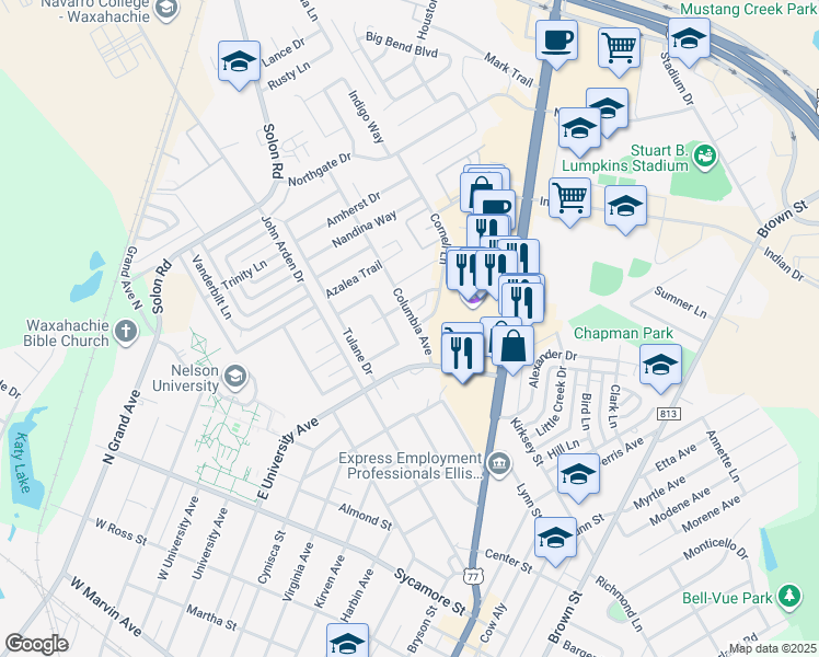 map of restaurants, bars, coffee shops, grocery stores, and more near 509 Columbia Avenue in Waxahachie