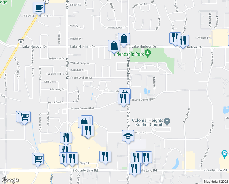 map of restaurants, bars, coffee shops, grocery stores, and more near 345 Arbor Drive in Ridgeland