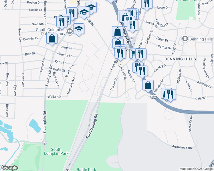 map of restaurants, bars, coffee shops, grocery stores, and more near 2340 Fort Benning Road in Columbus