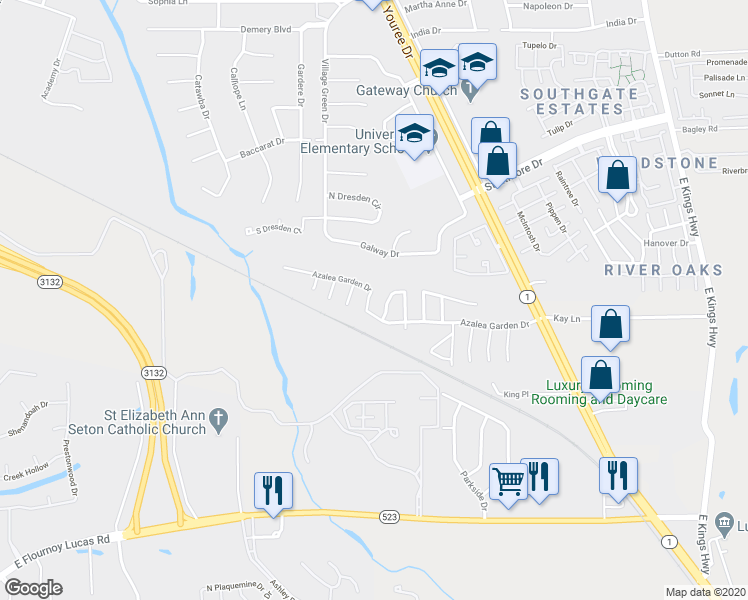 map of restaurants, bars, coffee shops, grocery stores, and more near 958 Azalea Garden Drive in Shreveport
