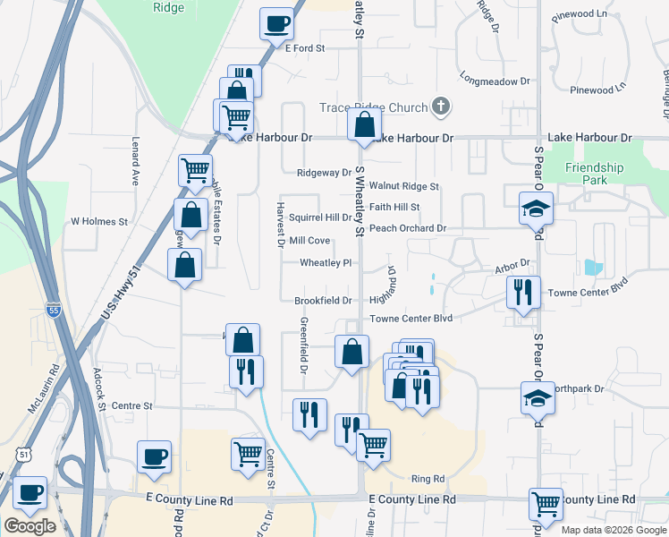 map of restaurants, bars, coffee shops, grocery stores, and more near 157 Wheatley Place in Ridgeland