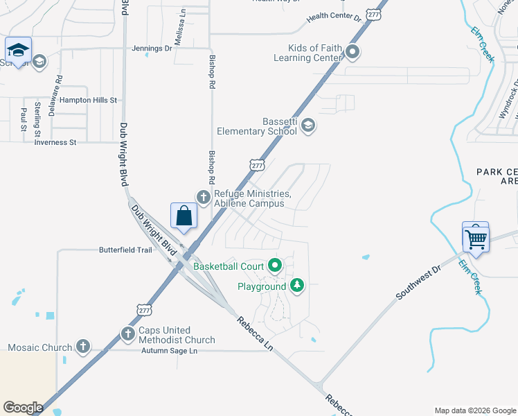 map of restaurants, bars, coffee shops, grocery stores, and more near 3542 Firedog Road in Abilene