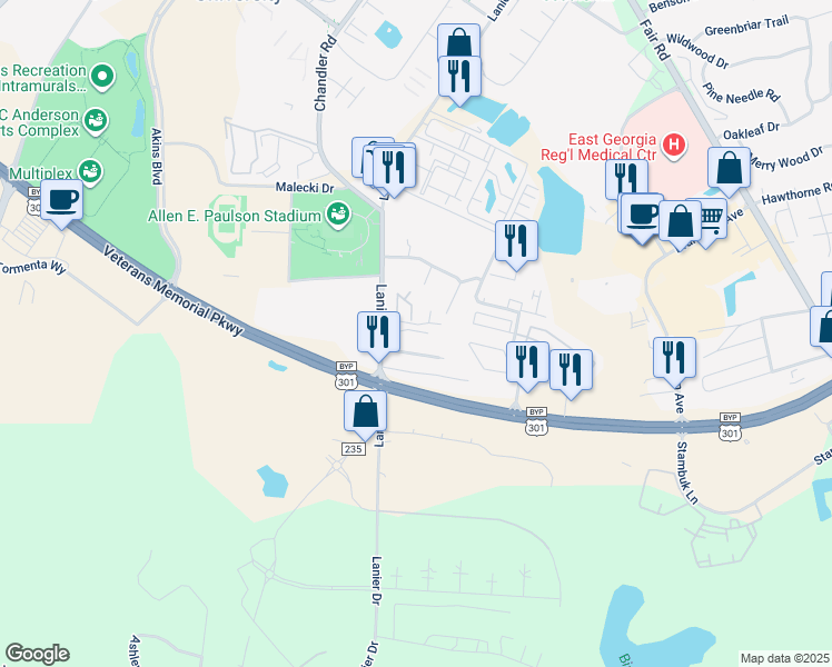 map of restaurants, bars, coffee shops, grocery stores, and more near 210 Lanier Drive in Statesboro