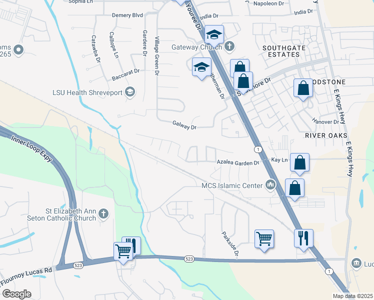 map of restaurants, bars, coffee shops, grocery stores, and more near 9080 Southern Charm Drive in Shreveport