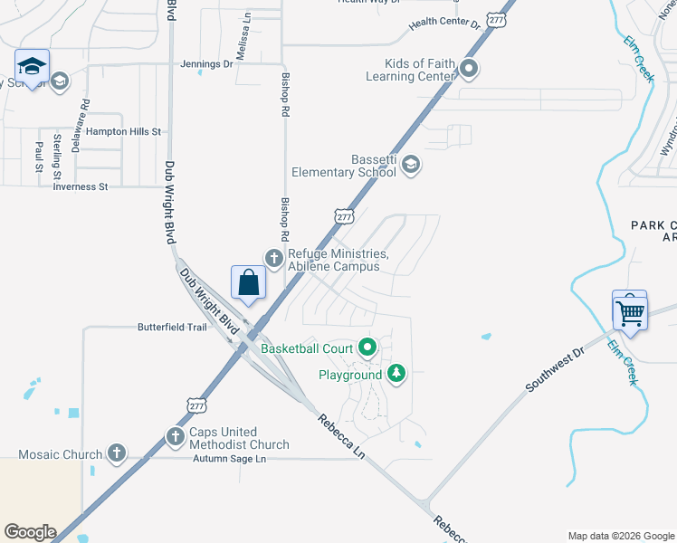 map of restaurants, bars, coffee shops, grocery stores, and more near 3542 Firedog Road in Abilene