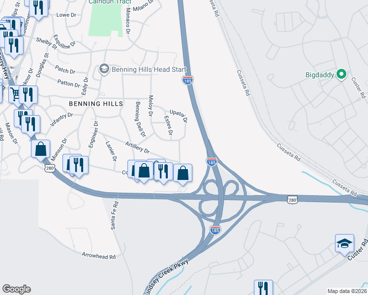 map of restaurants, bars, coffee shops, grocery stores, and more near 262 Robert E Lee Drive in Columbus