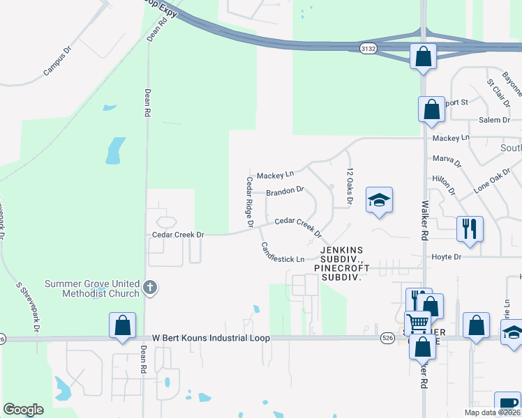 map of restaurants, bars, coffee shops, grocery stores, and more near 9013 Cedar Ridge Drive in Shreveport