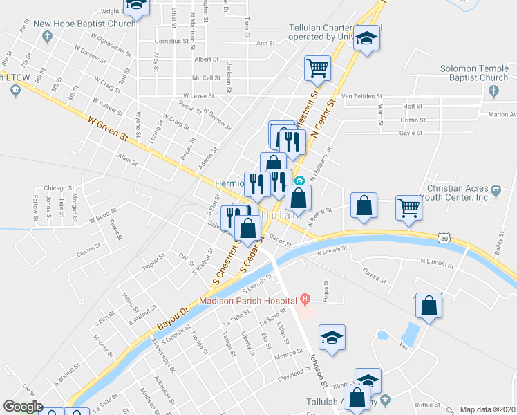 map of restaurants, bars, coffee shops, grocery stores, and more near 410 East Green Street in Tallulah