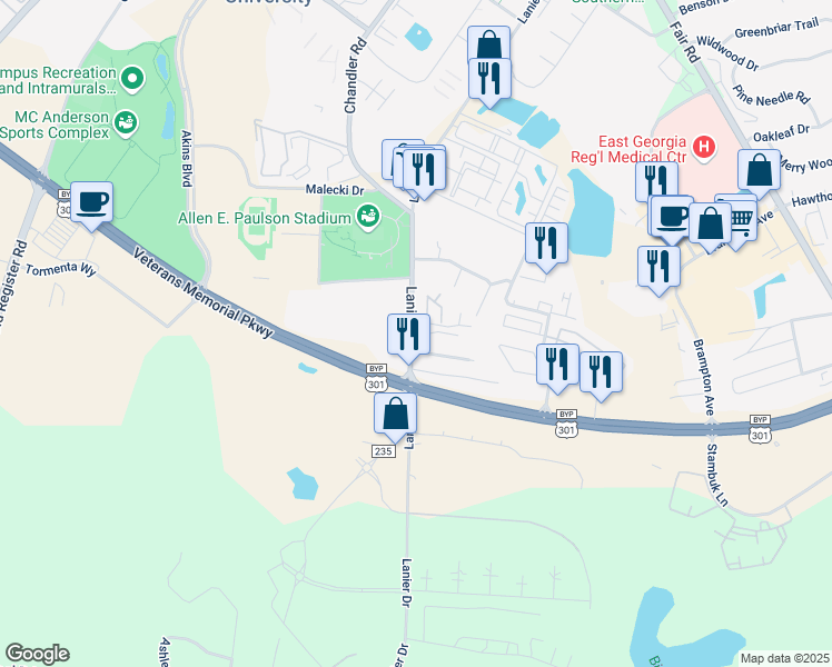 map of restaurants, bars, coffee shops, grocery stores, and more near 214 Lanier Drive in Statesboro