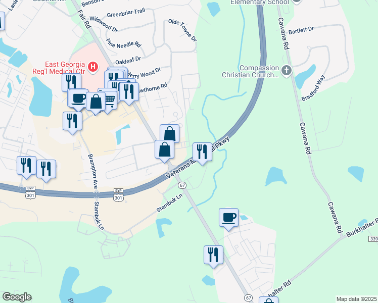 map of restaurants, bars, coffee shops, grocery stores, and more near 106 Briarwood Rd in Statesboro