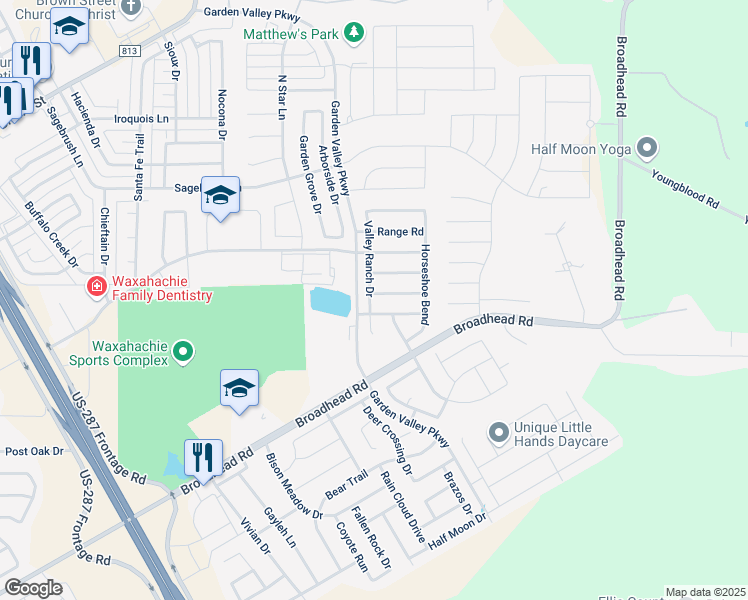 map of restaurants, bars, coffee shops, grocery stores, and more near 200 Longhorn Drive in Waxahachie