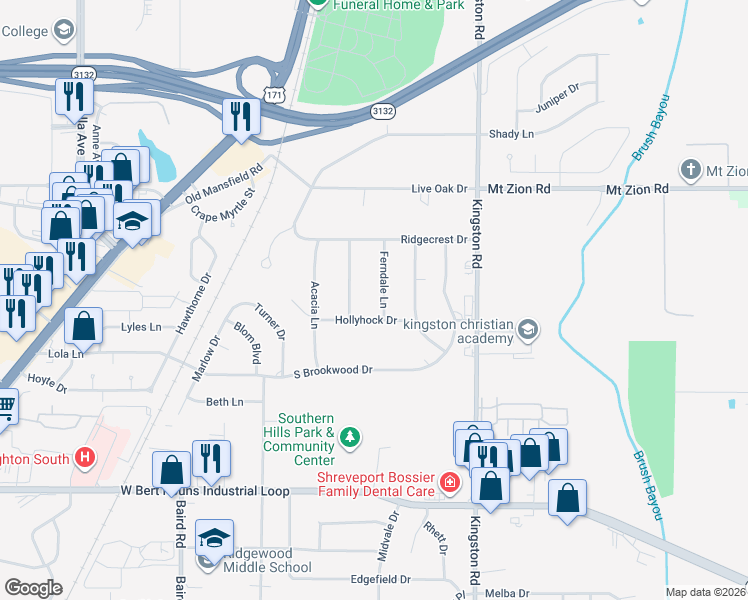map of restaurants, bars, coffee shops, grocery stores, and more near 8924 Ferndale Lane in Shreveport
