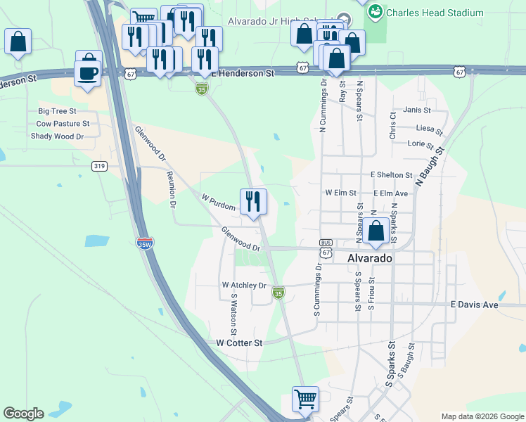 map of restaurants, bars, coffee shops, grocery stores, and more near 208 North Parkway Drive in Alvarado