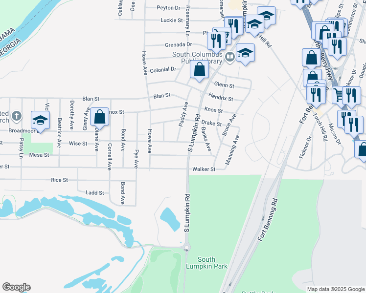 map of restaurants, bars, coffee shops, grocery stores, and more near 2401 South Lumpkin Road in Columbus