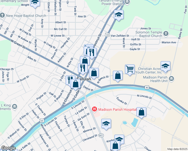 map of restaurants, bars, coffee shops, grocery stores, and more near 307 North Mulberry Street in Tallulah
