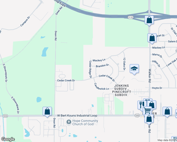 map of restaurants, bars, coffee shops, grocery stores, and more near 9013 Cedar Ridge Drive in Shreveport