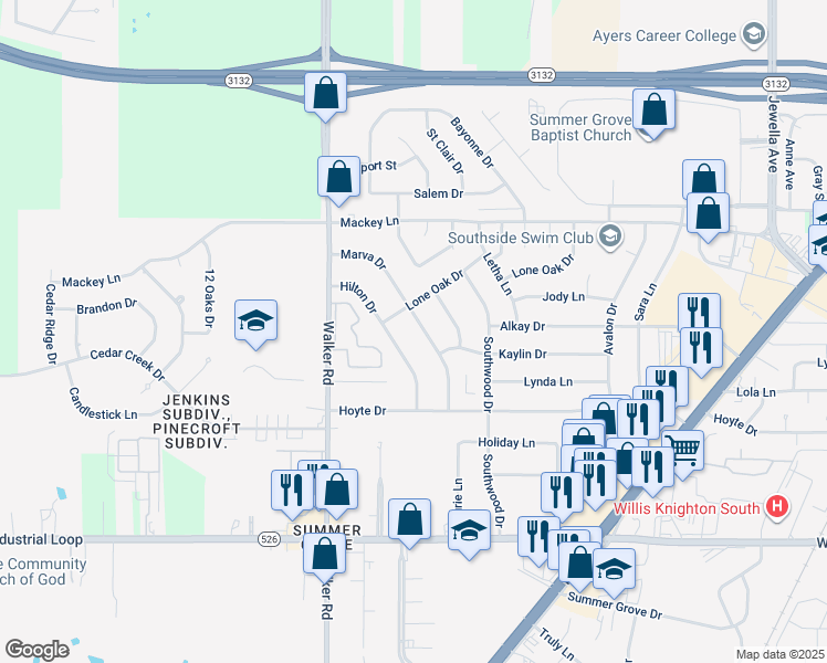map of restaurants, bars, coffee shops, grocery stores, and more near 9010 Marva Drive in Shreveport