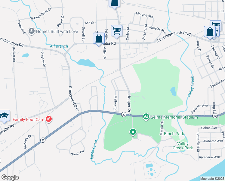 map of restaurants, bars, coffee shops, grocery stores, and more near 201 Mallory Drive in Selma