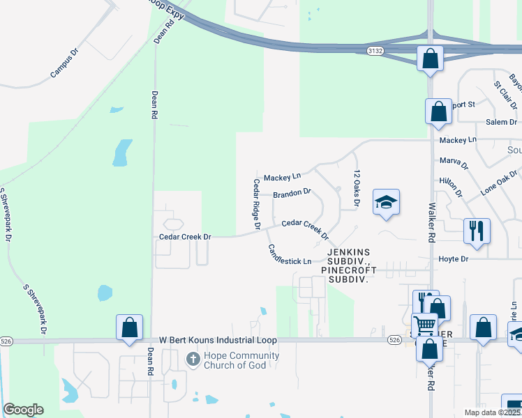 map of restaurants, bars, coffee shops, grocery stores, and more near 9013 Cedar Ridge Dr in Shreveport