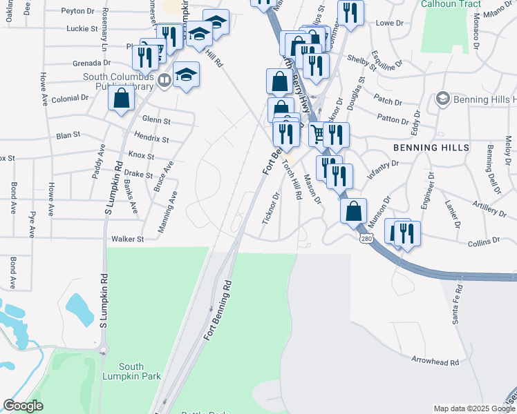 map of restaurants, bars, coffee shops, grocery stores, and more near 2340 Fort Benning Road in Columbus
