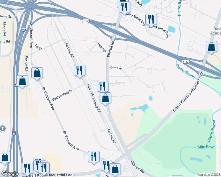 map of restaurants, bars, coffee shops, grocery stores, and more near 9255 Ellerbe Road in Shreveport