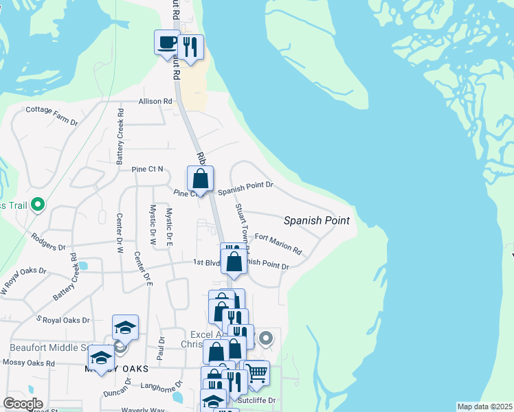 map of restaurants, bars, coffee shops, grocery stores, and more near 104 Fort Lyttleton Road in Beaufort