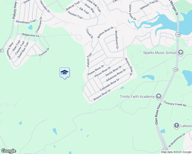 map of restaurants, bars, coffee shops, grocery stores, and more near 3100 Sabine River Trail in Granbury
