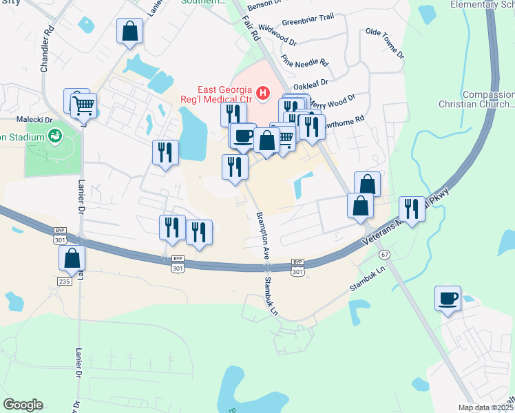 map of restaurants, bars, coffee shops, grocery stores, and more near Brampton Avenue in Statesboro