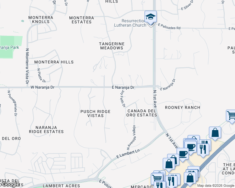 map of restaurants, bars, coffee shops, grocery stores, and more near 11135 Joy Faith Drive in Oro Valley