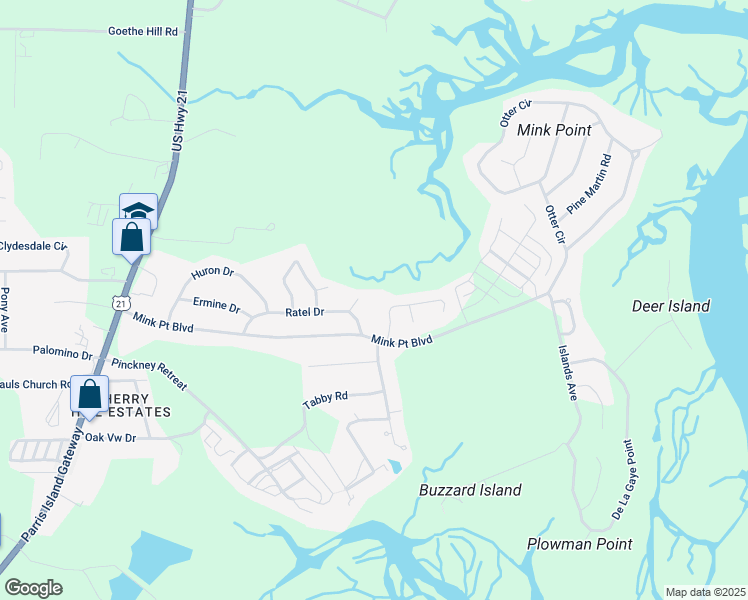 map of restaurants, bars, coffee shops, grocery stores, and more near 3035 Badger Bend in Beaufort