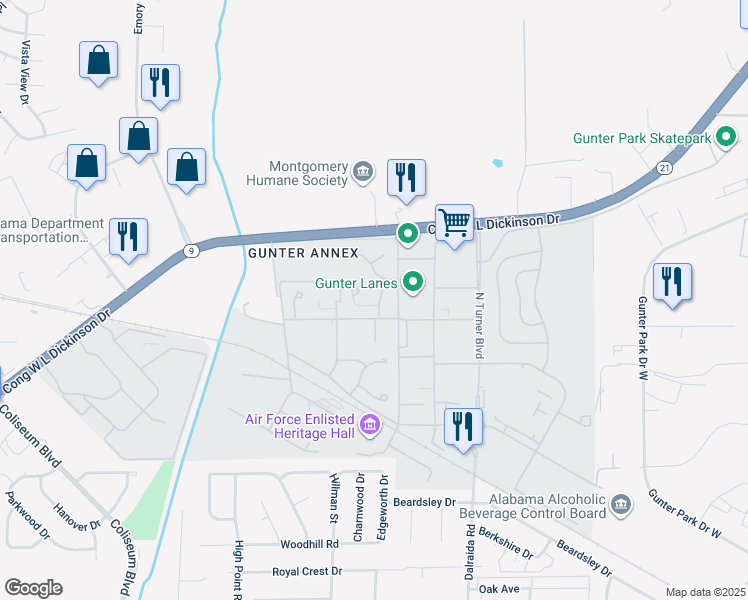 map of restaurants, bars, coffee shops, grocery stores, and more near 544 Smith Street in Montgomery
