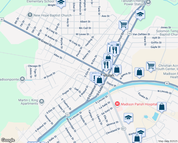 map of restaurants, bars, coffee shops, grocery stores, and more near 200 Depot Street in Tallulah